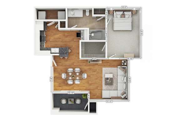 A floor plan of a house with a dining area, living room, kitchen, and bathrooms.