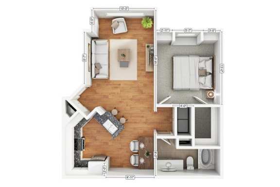 A floor plan of a two-bedroom apartment with a living room, kitchen, and bathroom.