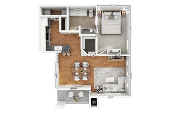A floor plan of a small apartment with a kitchen, living room, and bathroom.