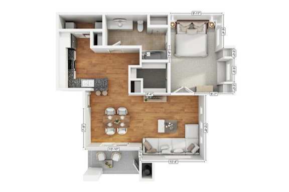 A floor plan of a house with a kitchen, living room, dining room, and two bedrooms.