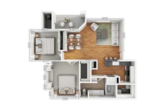 A floor plan of a house with a living room, dining room, kitchen, and two bedrooms.