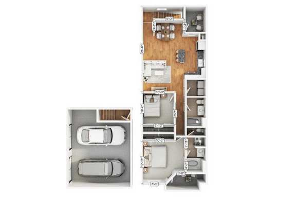 A floor plan of a house with two garages.