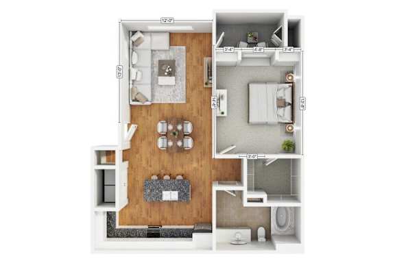 A floor plan of a small apartment with a kitchen, living room, and bathroom.