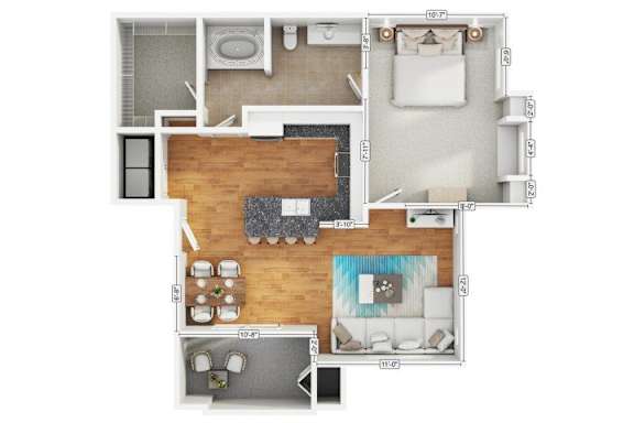 A floor plan of a house with a living room, dining room, kitchen, and bathrooms.