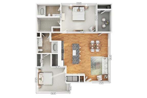 A floor plan of a house with a kitchen, living room, dining room, and bathrooms.