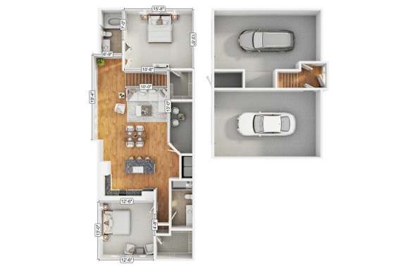 A floor plan of a two-story residential building with a garage on the second floor.