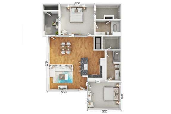 A floor plan of a house with a kitchen, living room, dining room, and two bedrooms.
