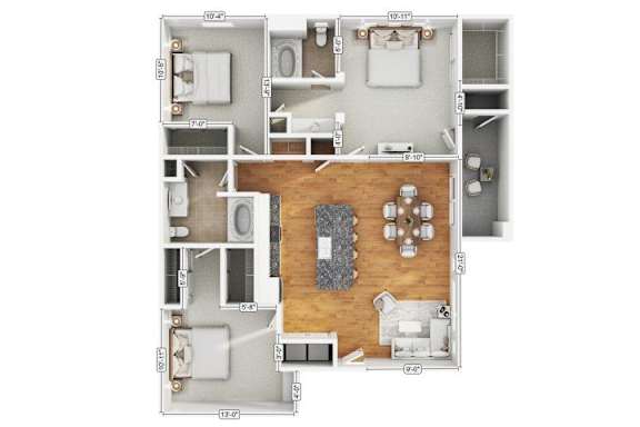 A floor plan of a house with a living room, dining room, kitchen, and two bedrooms.