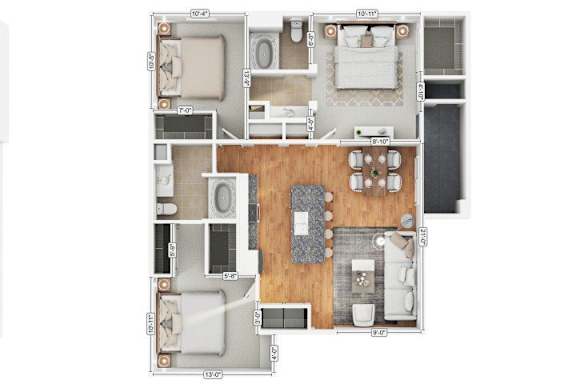 A floor plan of an apartment with two bedrooms, two bathrooms, a living room, a kitchen, and a dining area.