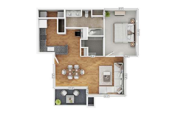 A floor plan of a house with a kitchen, living room, dining room, and bathrooms.