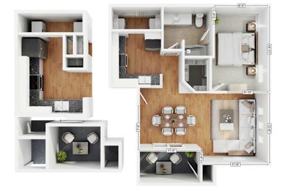 A floor plan of a two-bedroom apartment with a living room, kitchen, and bathroom.