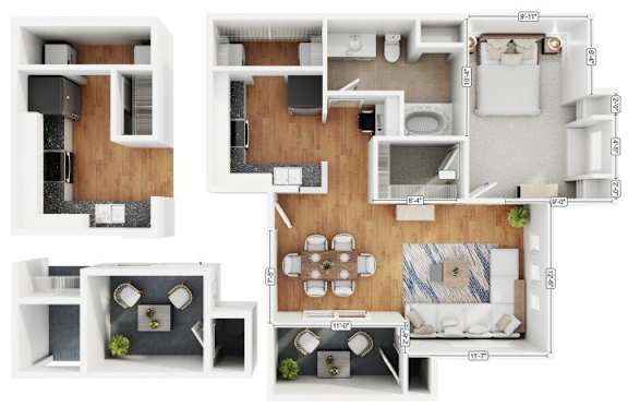 A floor plan of a house with a living room, kitchen, and two bedrooms.