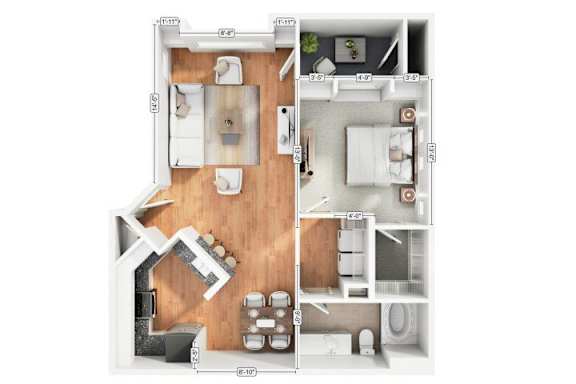 A top-down view of a house layout with labeled rooms and dimensions.
