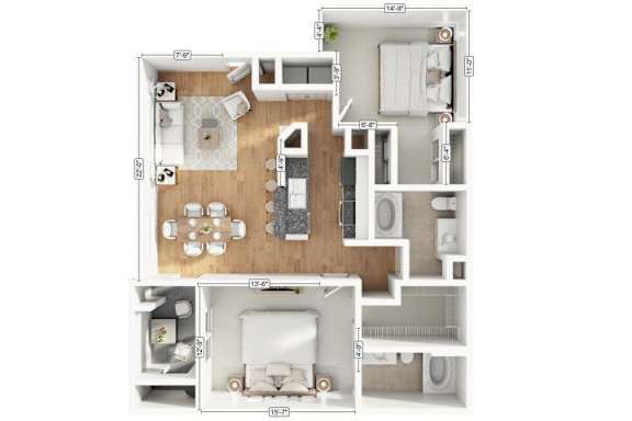 A floor plan of a two-story apartment with a living room, kitchen, and bedrooms.