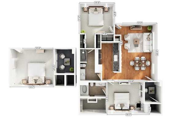 A floor plan of a house with four different rooms.