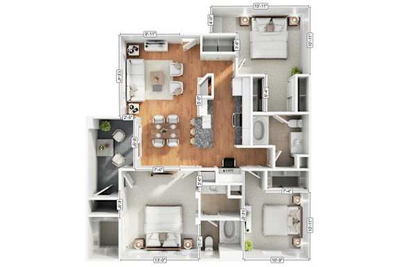 A floor plan of an apartment with multiple rooms and labeled with dimensions.