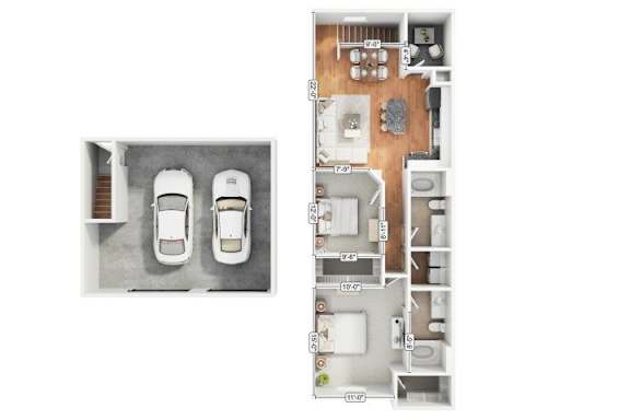 A floor plan of a house with two garages.