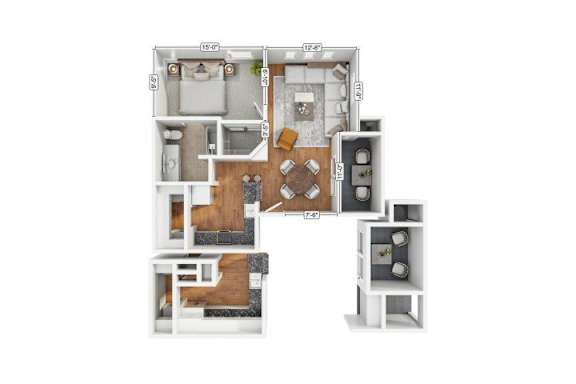 A floor plan of a two-bedroom apartment with a living room, kitchen, and bathroom.