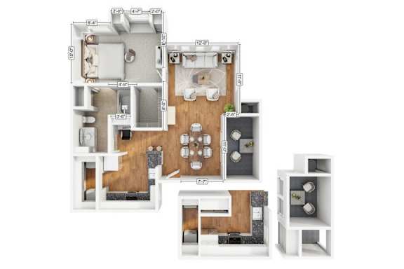 A floor plan of an apartment with a kitchen, living room, and two bedrooms.
