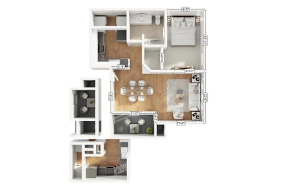 A floor plan of an apartment with a kitchen, living room, and two bedrooms.