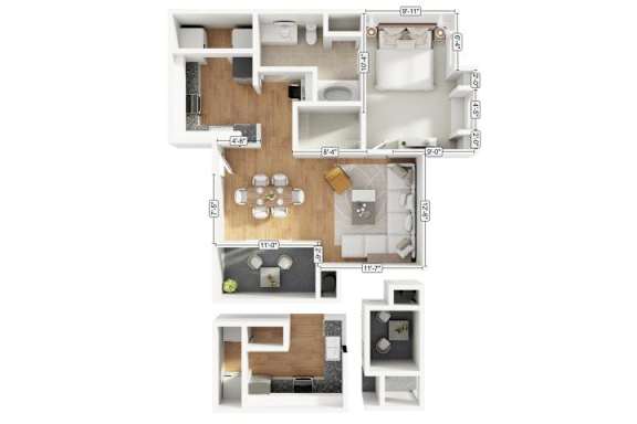 A floor plan of a house with a kitchen, living room, and two bedrooms.