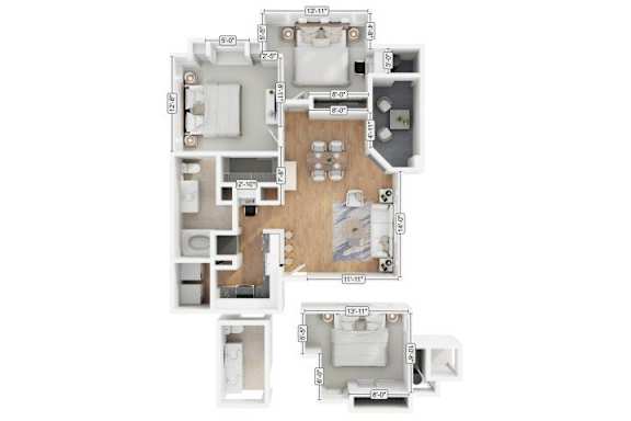 A floor plan of an apartment with two bedrooms, a living room, a kitchen, and a bathroom.