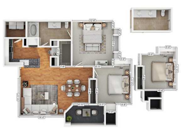 A floor plan of an apartment with a living room, kitchen, and bathrooms.