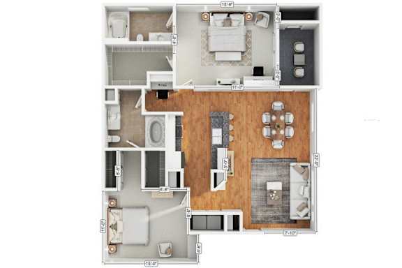 A floor plan of a house with a living room, kitchen, and two bedrooms.