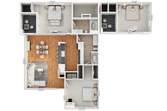 A floor plan of an apartment with a kitchen, living room, and two bedrooms.