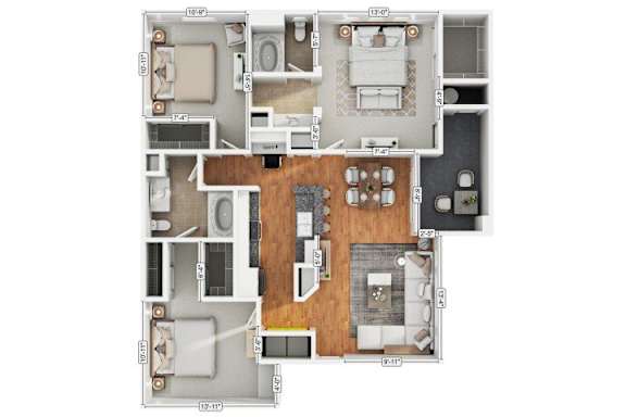 A floor plan of a house with a kitchen, living room, and two bedrooms.