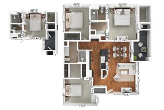 A floor plan of an apartment with a kitchen, living room, and two bedrooms.