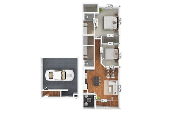 A floor plan of an apartment with a car parked in the garage.
