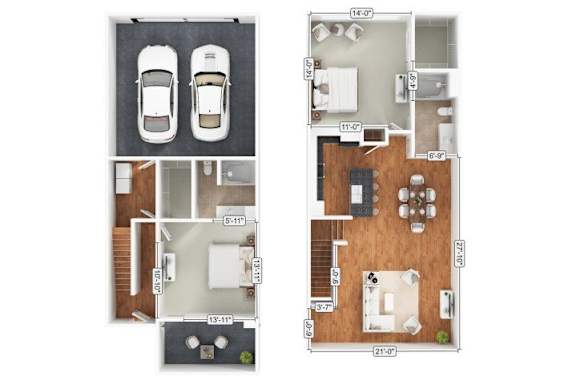 A floor plan of a two-story house with a garage on the first floor and a living area on the second floor.