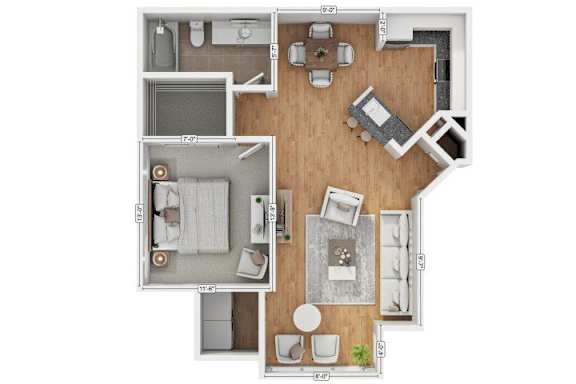 A floor plan of a house with a kitchen, living room, dining room, and bathroom.