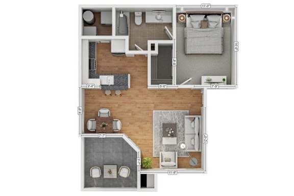 A floor plan of a house with a living room, kitchen, and two bedrooms.