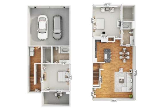 Floor Plan  A floor plan of a two-story apartment with a garage on the first floor and a living area on the second floor.