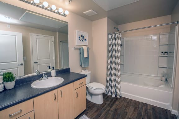 A bathroom with a sink, toilet, and shower at Loreto & Palacio Apartments, Las Vegas
