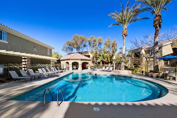 A swimming pool surrounded by sun loungers and palm trees.