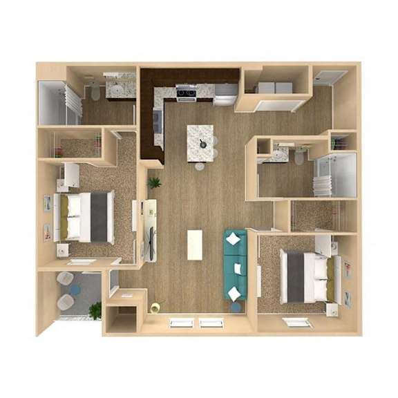 A 3D floor plan of a small apartment with a kitchen, living room, and bathroom.