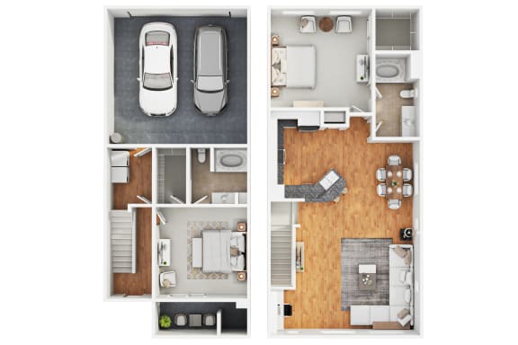 a stylized floor plan of a house with a garage and a car