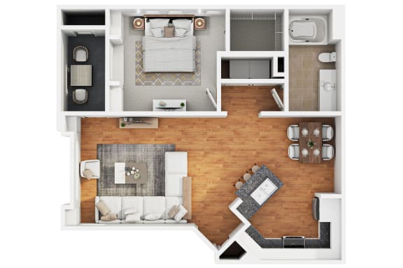 a stylized floor plan with a bedroom and a living room