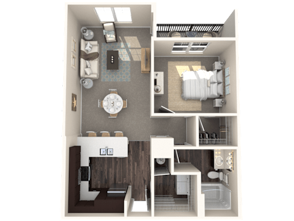 A 3D floor plan of a small apartment with a living room, kitchen, and bathroom.
