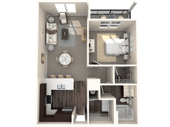 A 3D floor plan of a small apartment with a living room, kitchen, and bathroom.