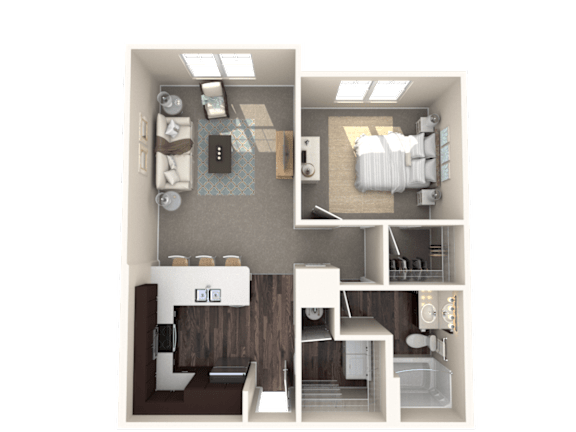 A 3D floor plan of a small apartment with a kitchen, living room, and bedroom.