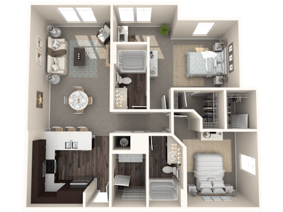 A 3D floor plan of a house with a kitchen, living room, and bedrooms.
