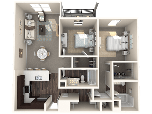 A 3D floor plan of a house showing a living room, kitchen, and two bedrooms.