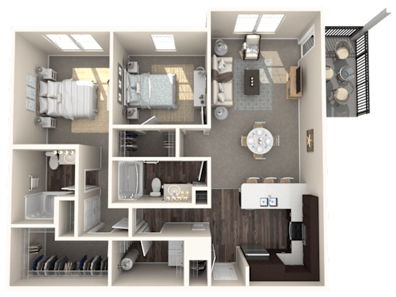 A 3D rendered image of a house layout.
