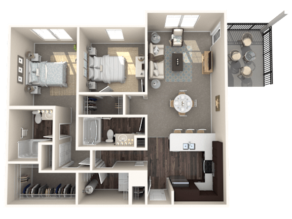 A 3D floor plan of a house showing a kitchen, living room, and bedrooms.