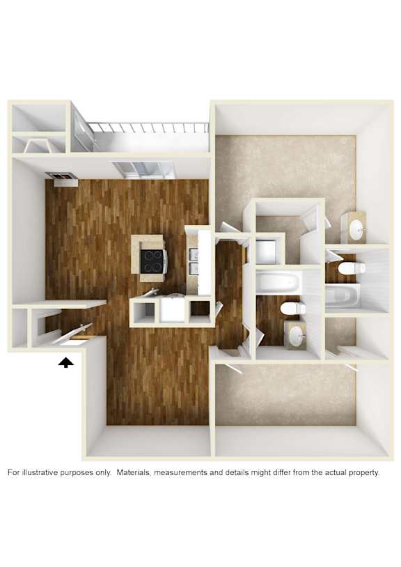 3D rendering of D9 floor plan unfurnished at Windridge on the Parkway in Dallas, TX