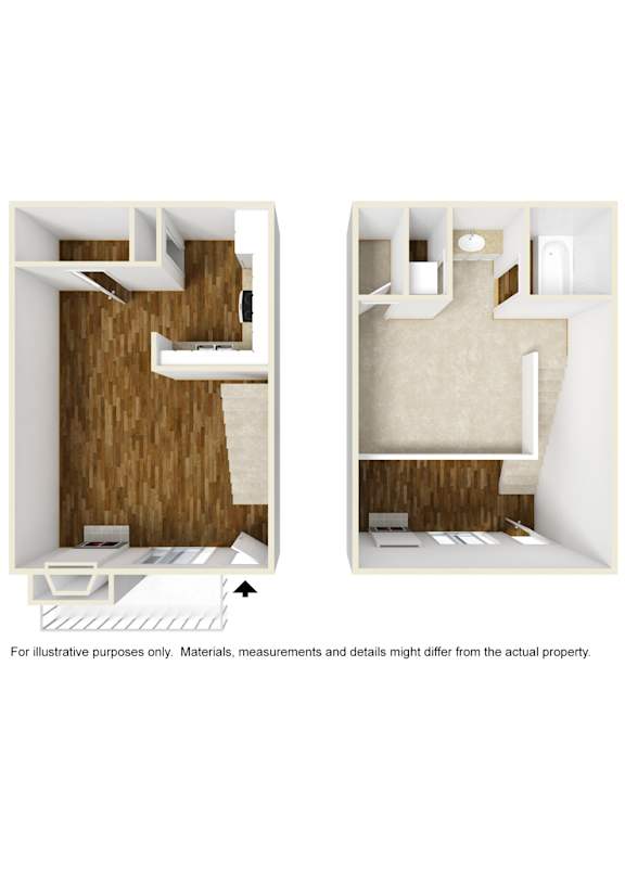3D rendering of T2 floor plan unfurnished at Windridge on the Parkway in Dallas, TX
